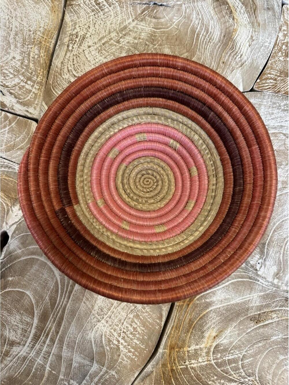Vintage Handwoven African Sisal Basket Bowl Pink Tan Rust Wall Basket 8”